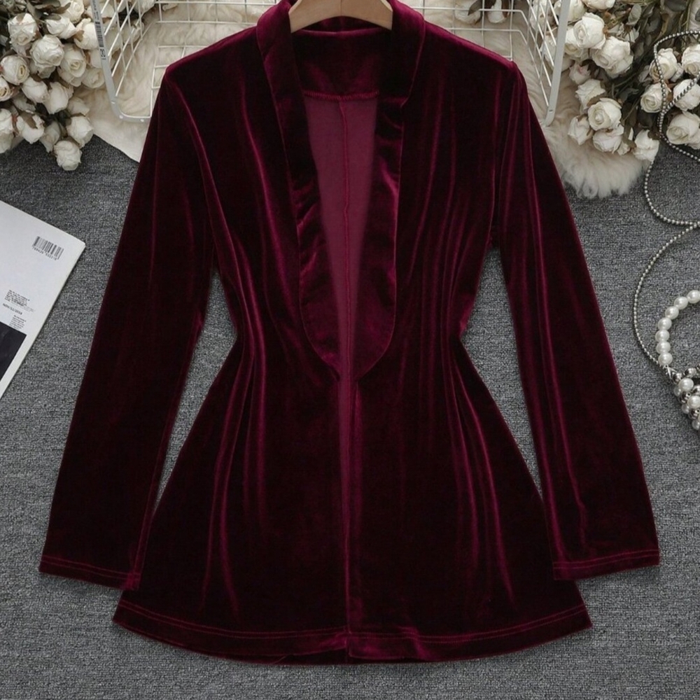 Burgandy Elegant Women's Velvet Jacket - Picture 3 of 7